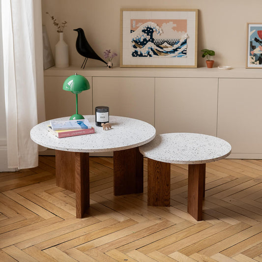 table basse platine chene massif fonce coquillages recycles mixte malakio gllu