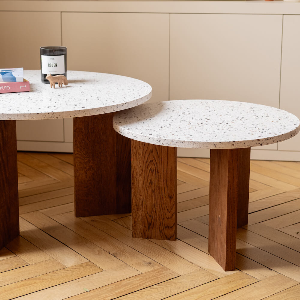table basse platine chene massif fonce coquillages recycles mixte malakio gllu