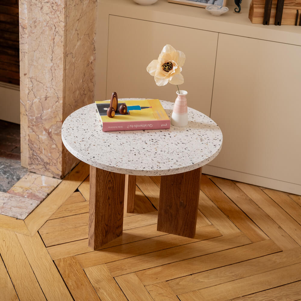 table basse platine chene massif fonce coquillages recycles mixte malakio gllu