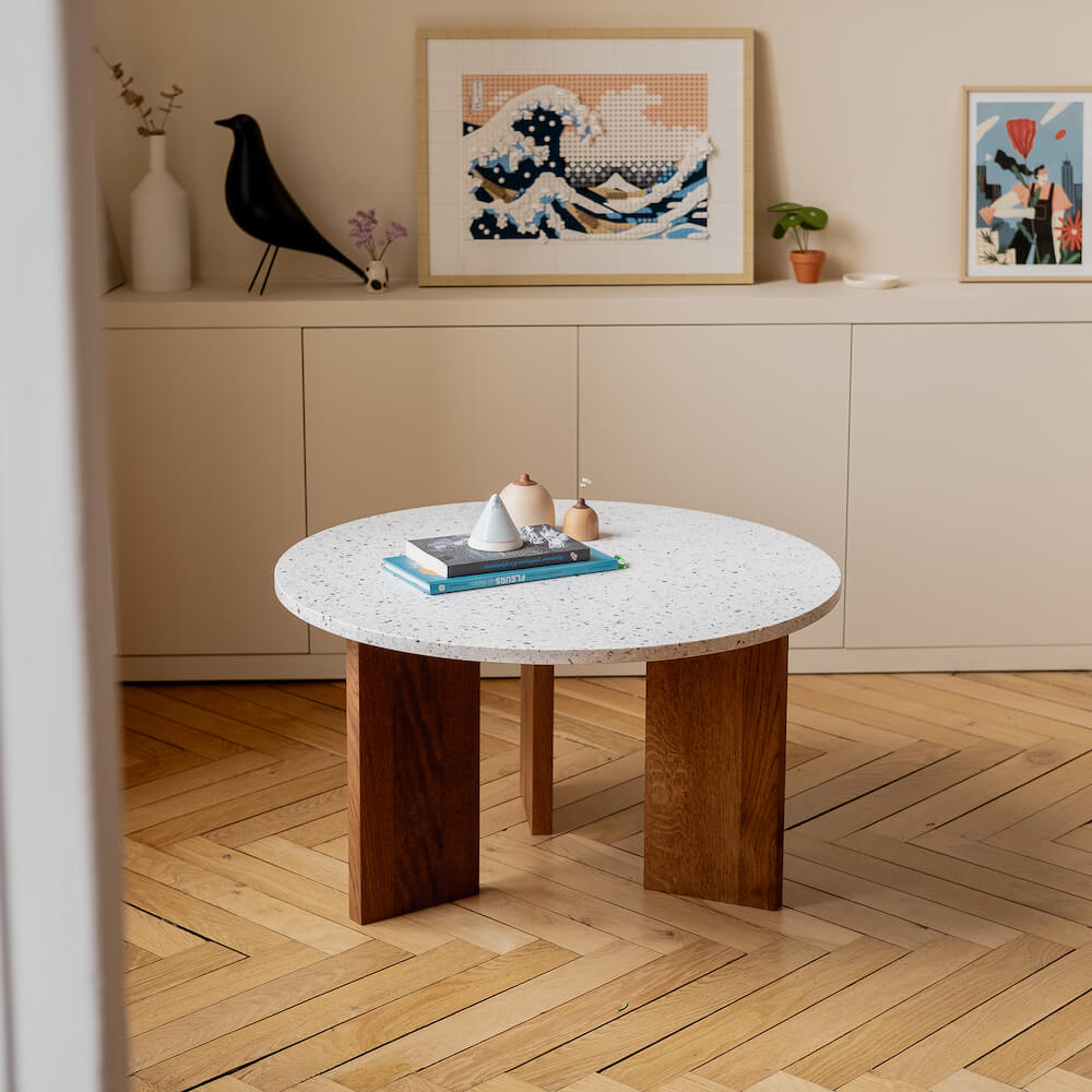 table basse platine chene massif fonce coquillages recycles mixte malakio gllu