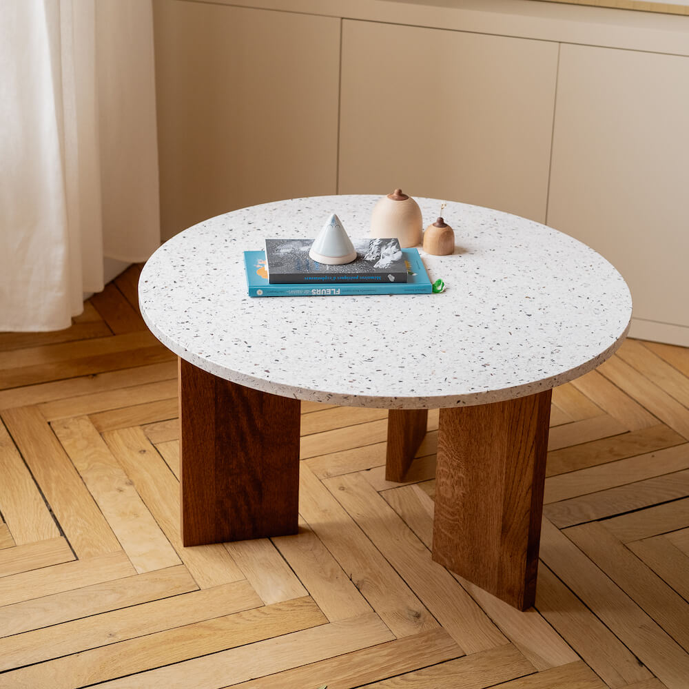 table basse platine chene massif fonce coquillages recycles mixte malakio gllu