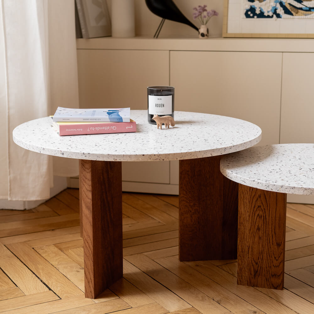 table basse platine chene massif fonce coquillages recycles mixte malakio gllu