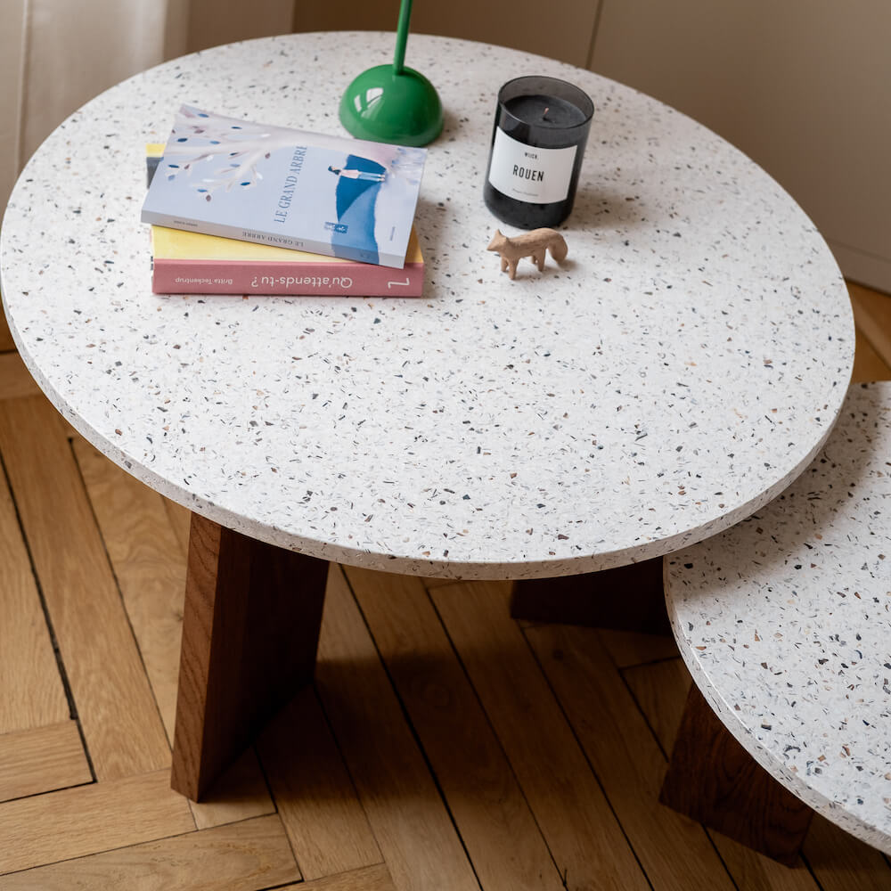 table basse platine chene massif fonce coquillages recycles mixte malakio gllu